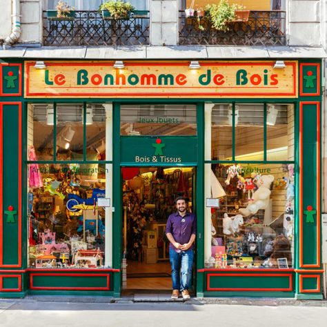 The eclectic and colorful Parisian shopfronts tell the story of the beautiful city Toy Store Design, Shop Facade, Trendy Toys, Shop Sign Design, Shop Front Signage, Shop House Plans, Paris Shopping, Shop Fronts, Shop Front Design