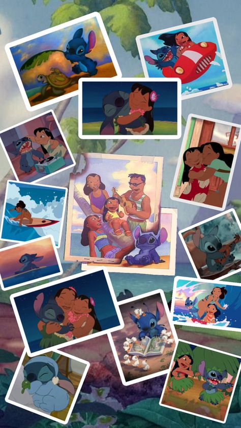 A collage with a background from Lilo and Stitch. Photos with white borders of Lilo, Stitch, Nani, and their parents are scattered throughout the collage. Lilo And Stitch Ohana, Lilo Y Stitch, Picture Collage, Lilo And Stitch, Collage