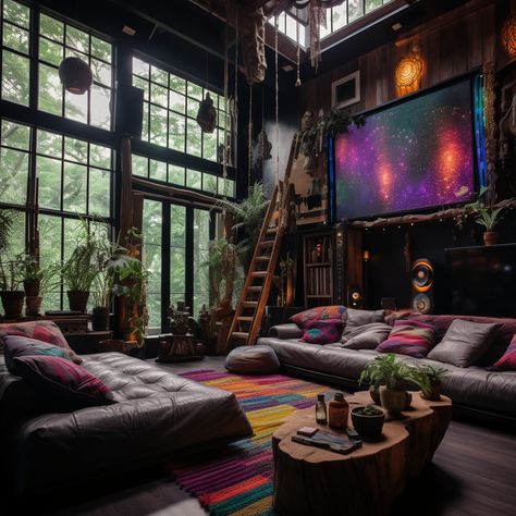 Artsy Loft Apartment, Dramatic Rooms Interior Design, Maximalist Loft Apartment, Cozy Maximalism Apartment, Maximalist Loft, Cozy Maximalist Living Room, Hammock Cafe, Magical Living Room, Eccentric Living Room