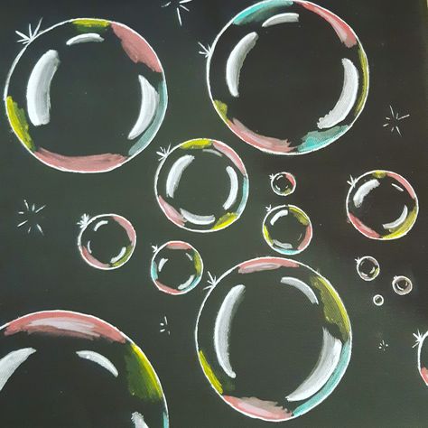 Bubble Art Tutorial, Diy Bubble Decor, Bubble Canvas Painting, Black Board Drawing Ideas, Painted Bubbles, Blackboard Decoration, School Chalkboard Art, Blackboard Drawing, Blackboard Art