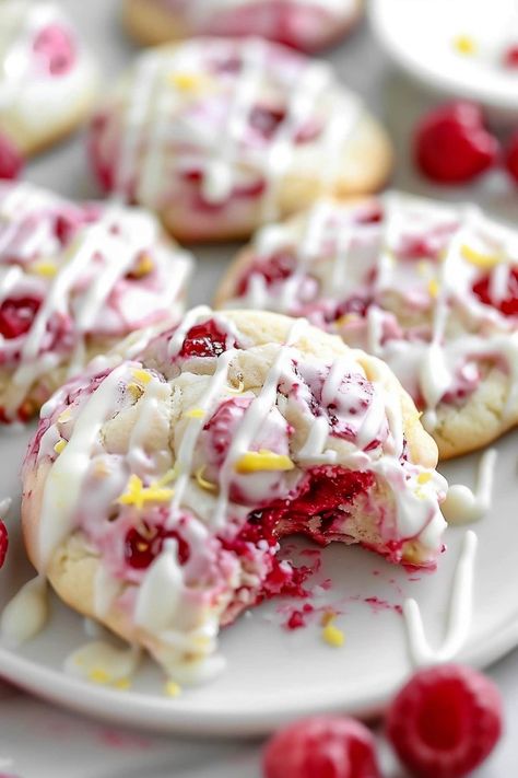 Lemon Raspberry Cookies - Insanely Good Healthy Raspberry Cookies, Fruity Dessert Recipes, Lemon Raspberry Cookies, Fruity Cookies, Berry Cookies, Kitchen Witch Recipes, Raspberry Brownies, Raspberry Desserts, Cookie Cake Pie