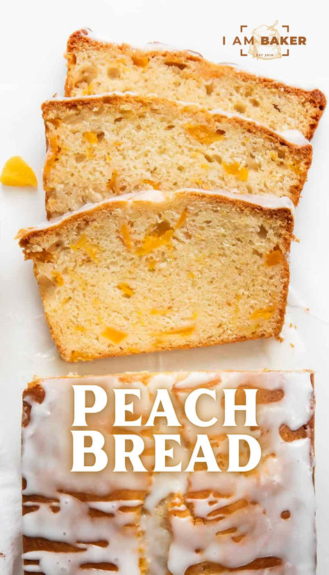 Peach Bread is a flavorful quick bread with the perfect combination of sweetness, moisture, and peachy goodness, drizzled with a peach glaze. And, it’s made with canned peaches so you can enjoy this bread year-round! Enjoy a slice whenever you crave a tasty and fruity baked treat! Canned Peach Bread, Peach Loaf Bread, Peach Bread With Canned Peaches, Peach Bread With Fresh Peaches, Peach Quick Bread Recipes Easy, Pecan And Peach Quick Bread, Peach Quick Breads, Peach Bread Recipe, Peach Quick Bread