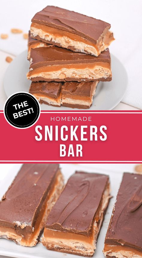 Skip a trip to the candy shop with our homemade Snickers bars. This delicious dessert tastes exactly like the candy bar, and will be an instant hit with your kids. Diy Snickers Bar Healthy, Take 5 Candy Bar, Snicker Bars, Homemade Snickers Bars, Snickers Bars Recipe, Snickers Recipe, Homemade Chocolate Candy, Homemade Candy Bars, Candy Bar Recipe