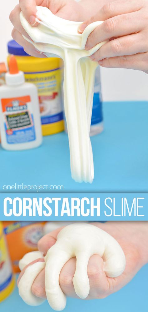 Cornstarch slime is SO MUCH FUN to play with! It's soft, squishy, and stretchy with a smooth, fluffy texture – and it's so easy to clean up! Kids can learn how to make slime with cornstarch using this easy slime recipe. Slime Made With Cornstarch, Cornstarch Slime 2 Ingredients, Home Made Slime For Kids Easy, Slime Recipe With Cornstarch, Non Toxic Slime Recipes Kids, Things To Make With Cornstarch, Cornstarch Crafts, How To Make Slime With Cornstarch, Cornstarch Slime Recipe