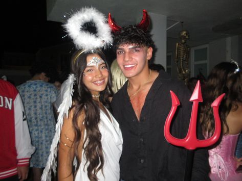 Couple Costumes For Halloween Devil And Angel, Couple Halloween Costumes 2024 Scary, Angle And Devil Couples Costumes, Angel And Demon Couple Costume, Half Angel Half Demon Costume, Devil And Fallen Angel Costume, Angel Devil Costume Couple, Couple Devil Costume, Halloween Group Pictures