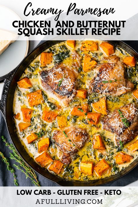 Butternut Squash Skillet, Butternut Squash And Chicken, Butternut Squash Dinner, Butternut Recipes, Creamy Parmesan Chicken, Acorn Squash Recipes, Chicken And Butternut Squash, Yummy Chicken, One Skillet