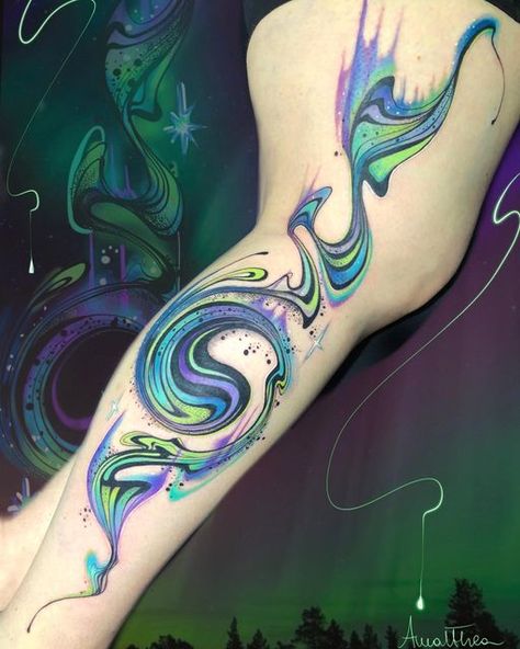 Brightly Colored Tattoos, Abstract Water Tattoo, Watercolour Tattoo For Women, Abstract Watercolor Tattoo, Water Reference, Rainbow Tattoo, Spiral Tattoos, Tattoos To Cover Scars, Uv Tattoo