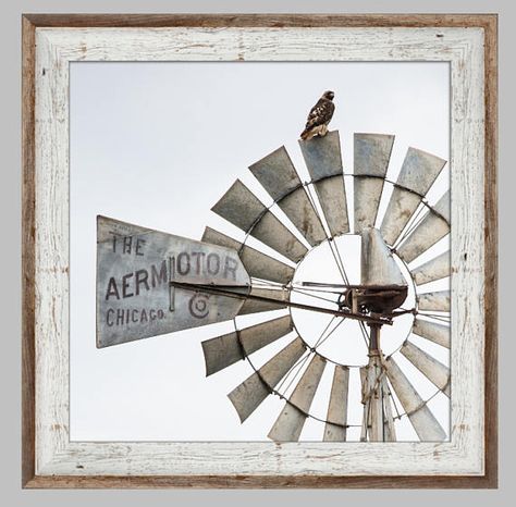 Square color photo of a red tailed hawk perched on an Oklahoma windmill blade. FREE SHIPPING! Print can be ordered in the following standard sizes:  16 x 16 20 x 20 24 x 24 30 x 30  **********************************  UNMOUNTED: Professionally printed on Kodak ENDURA professional photo paper with a fine grain pebble texture. MOUNTED: Photo is mounted on 2mm Styrene using pressure sensitive material. Styrene is a super-smooth plastic mounting substrate that is resistant to warping, making it a... Southwest Decorating, Windmill Photos, Ranch Photography, Farm Windmill, Windmill Wall Decor, Windmill Art, Vintage Windmills, Windmill Decor, Wagon Wheels