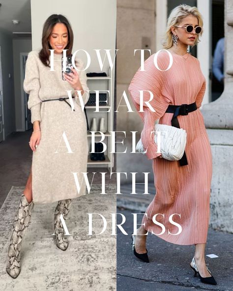 Style Tip: How To Wear A Belt With A Dress - ljanestyle Sweater Dress Wide Belt, Midi Dress With Belt Outfit, How To Use Belts With Dresses, Knit Dress Belt, Knitted Dress With Belt, Belt With Sweater Dress, How To Style A Dress For Winter, Sweater Dress Belt Outfit, Belted Sweater Dress Outfit