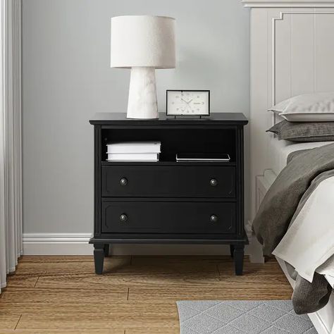 Kamilo Traditional 28.25 inch Open Storage Space Wide Nightstand Table with 2 Drawers by HULALA HOME - On Sale - Bed Bath & Beyond - 36827777 Wide Nightstand, 2 Drawer Dresser, Nightstand Table, Farmhouse End Tables, Nightstand With Charging Station, Black Nightstand, Adjustable Office Chair, Velvet Living Room, Black Bedroom