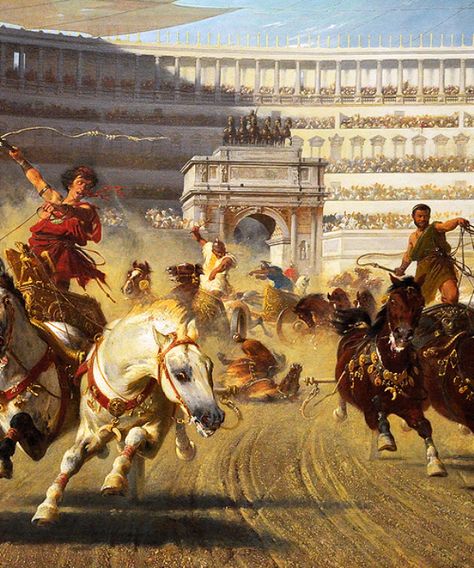 Wagner, Alexander von (b,1838)- Chariot Race, Circus Maximus, Rome, 1882 -2db。亚历山大 · 冯 · (b，1838年) 瓦格纳-战车赛，竞技场，罗马，1882年-2db Circus Maximus Rome, Rome Movie, Chariot Race, Chariot Racing, Roman Chariot, Rome Painting, Imperiul Roman, Marshal Arts, Circus Maximus