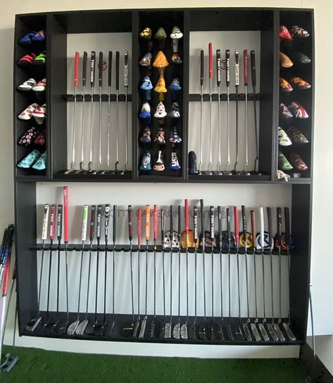 Golf Collection Display, Golf Club Rack Storage, Putter Display Rack, Golf Equipment Storage, Golf Storage, Simulator Room, Backyard Golf, Male Office Decor, Golf Simulator Room