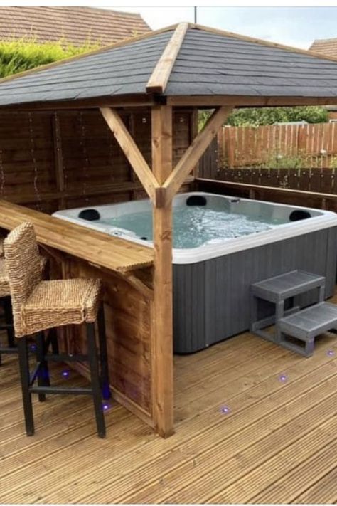 Luxury Backyard Spa Haven Backyard Room Ideas, Cheap Dog Houses, Rustic Hot Tubs, Backyard Room, Hot Tub Bar, Hot Tub Shelters, Hot Tub Area, Screened Back Porch Ideas, Backyard Spa