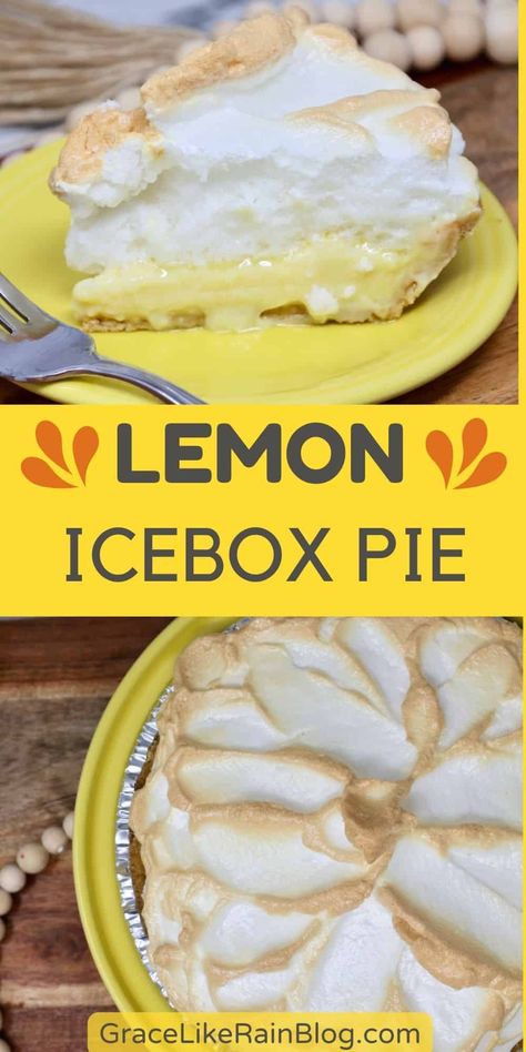 Lemon Icebox Pie with Meringue - Grace Like Rain Blog Icebox Lemon Pie, Easy Lemon Icebox Pie, Stovetop Appetizers, Fluffy Meringue, Lemon Icebox Pie, Meringue Topping, Flavored Ice Cubes, Citrus Desserts, Meringue Pie Recipes