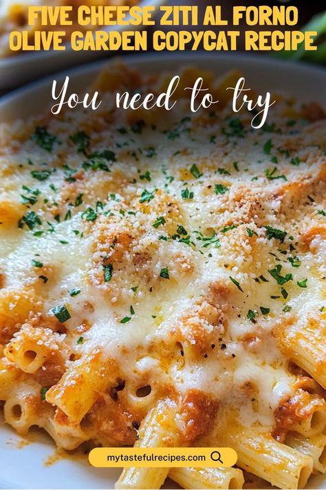 Indulge in this decadent Five Cheese Ziti Al Forno, inspired by Olive Garden! This creamy, cheesy dish combines five types of cheese with baked ziti for a comforting meal that’s perfect for family gatherings or cozy nights in. You won’t believe how easy it is to make! Olive Garden Five Cheese Ziti Al Forno, Five Cheese Baked Ziti, Baked Ziti Olive Garden, Olive Garden Baked Ziti Recipe, 5 Cheese Ziti Olive Garden, Five Cheese Ziti Olive Garden, Ziti Pasta Recipes, Olive Garden Five Cheese Ziti, Five Cheese Ziti Al Forno