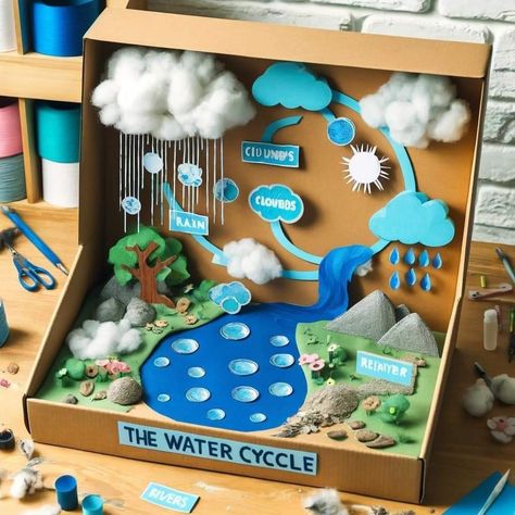 Watercycle Kids Project Model, Water Cycle Model Projects, Water Cycle Project Models, Water Cycle Diorama, Supw Project, Best Science Fair Projects, Evaporation And Condensation, Geography Model, Water Cycle Craft