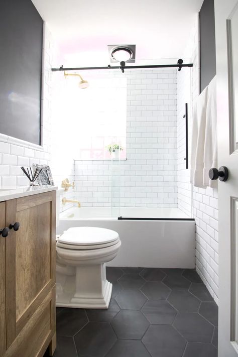 Bathroom Remodel Black Tile Floor, Half Bathroom Modern Farmhouse, Small Second Bathroom Ideas, Bathrooms With Slate Floors, Black Cabinet Small Bathroom, First Floor Bathroom Ideas, Tiny Bathroom Cabinet Ideas, Small Bathroom With Hardwood Floors, Black And White Floors Bathroom