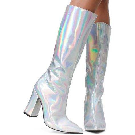 Current Mood Silver Hologram Go Go Boots ($88) ❤ liked on Polyvore featuring shoes, boots, holographic boots, wide heel shoes, silver chunky heel shoes, thick heel boots and chunky heel shoes Holo Clothes, Holographic Clothes, Holographic Outfit, Chrome Clothes, Holographic Boots, Hologram Shoes, Holographic Shoes, Holographic Heels, Leggings Shoes