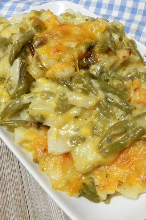 Green Bean and Potato Casserole Best Green Bean Casserole Allrecipes, Great Bean Casserole, Scalloped Potatoes And Green Beans, Green Beans And Potatoes Casserole, Recipes With Green Vegetables, Crockpot Green Beans Casserole, Green Bean And Potato Casserole Recipe, Creamy Green Beans And Potatoes, Canned Potatoes And Green Beans