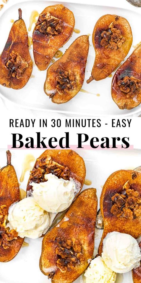 Baked pears are an easy yet elegant sweet and tender dessert that only requires four ingredients and 30 minutes in the oven.They are one of the simplest yet incredibly cozy and tasty recipes you can make. Their natural sweetness and butter-like texture will wow everyone around your table. Baked Pairs, Fried Pears, Baked Pear Dessert, Pear And Pumpkin Recipes, Fall Fruit Dessert Recipes, Uses For Fresh Pears, Unripe Pear Recipes, Baked Pear Recipes, Red Pear Recipes