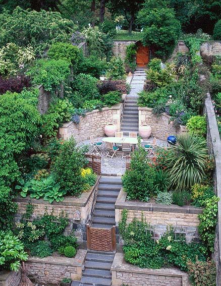 Steep Gardens, Sloped Backyard Landscaping, Terraced Landscaping, Landscaping A Slope, Landscape Steps, Hillside Garden, Sloped Backyard, Garden Stairs, Tiered Garden