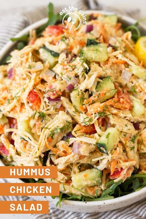 Salad With Hummus Dressing, Hummus Chicken Salad, Beach Lunches, Salad With Veggies, Hummus Chicken, Hummus Dressing, Hummus Salad, Lemon Hummus, Homemade Chicken Salads