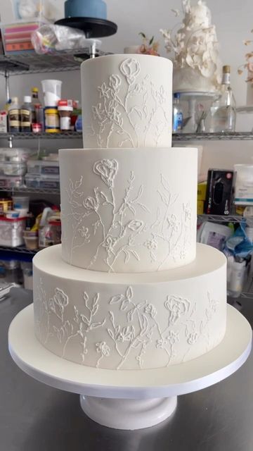 Lace Piping Cake, Wedding Cakes Fairytale, Embossed Wedding Cake, Wedding Buttercream Cake, Simple Romantic Wedding Cake, Wedding Cake With Vines, Lace Cake Designs, Modern Wedding Cake Unique, Elegant Wedding Cakes Romantic