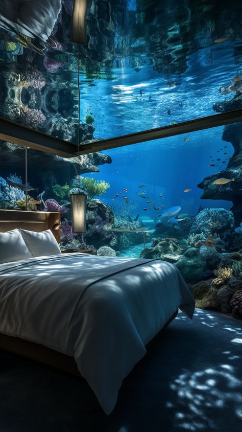 Have a good rest in this underwater bedroom. This is an AI artwork made with Midjourney. Water Theme Bedroom, Underwater Bedroom, Sea Corals, Underwater Room, Royal Bedroom Design, Underwater Hotel, Aquarium Architecture, Pinterest Predicts, Dream Fairy