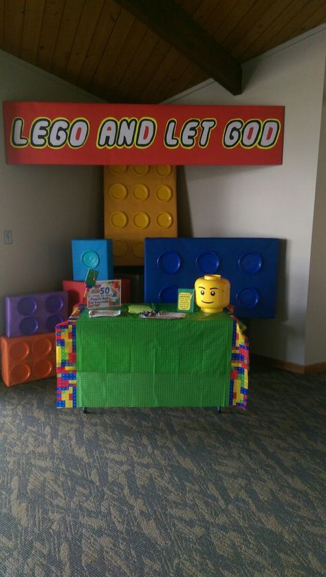 Lego VBS display Lego And Let God Trunk Or Treat, Lego Vbs Decorations, Lego Stage Design, Lego School Theme, Lego Theme Classroom Decor, Lego Party Decorations Backdrops, Vbs Lessons, Lego Area, Lego Vbs