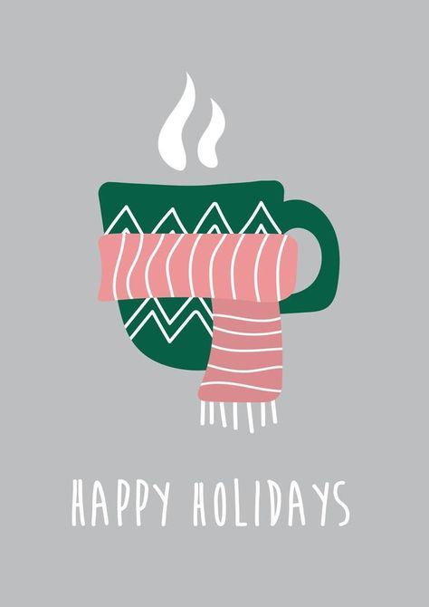 Hot drink in a winter mug wrapped in warm knitted scarf. Holiday card template with happy holidays text. Flat style vector cartoon illustration. Hot Drink Illustration, Scarf Illustration, Mug Illustration, Hot Winter Drinks, Winter Mug, Holiday Scarves, Holiday Card Template, Holiday Drink, Winter Illustration