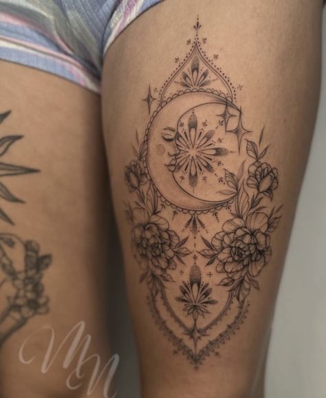 Spiritual Tattoos Thigh, Womans Calf Tattoo, Both Thigh Tattoos Women, Boho Thigh Tattoo, Upper Leg Tattoos Women, 108 Tattoo, Upper Leg Tattoos, Knee Tattoos, Hippie Tattoo