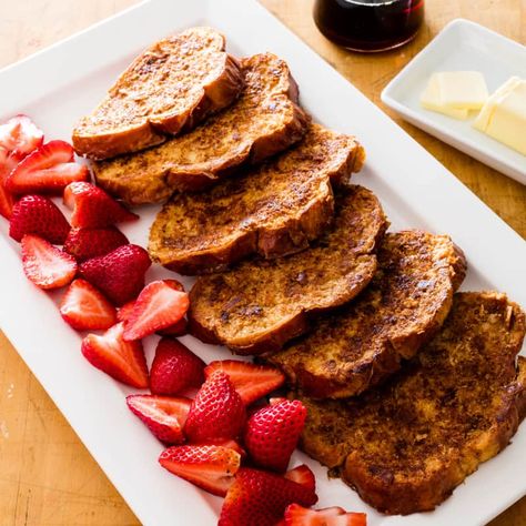 Extra-Crisp French Toast | Cook's Illustrated Eggs And Bread, Bread In The Oven, Cooks Illustrated Recipes, Perfect French Toast, Donut Toppings, Cookie Toppings, Dry Bread, Almond Crusted, America's Test Kitchen Recipes