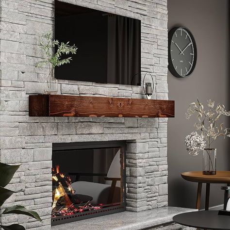 Amazon.com: BoscoMondo Rustic Fireplace Mantel Shelf - Pine Wood - Wall Decor, Mounted Farmhouse Shelving (Dark Brown, 72" Extra Thick) : Home & Kitchen Stone Fireplace With Black Wall, Nature, White Tile Fireplace With Wood Mantle, Tv Mantle Fireplace, Stone Fireplace Painted Black, Farmhouse Fireplace Decor With Tv, Black And White Fireplace, Distressed Fireplace, Dark Furniture Living Room