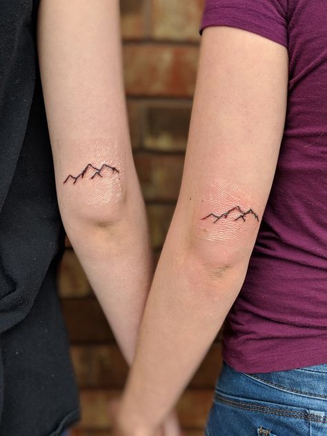 Matching mountain sister tattoos Matching Mountain Tattoos Couples, Sister Mountain Tattoo, Three Sisters Mountain Tattoo, Matching Mountain Tattoos, Moutain Tattoos, Montana Tattoo, Connecting Tattoos, Oregon Tattoo, Mountain Tattoos