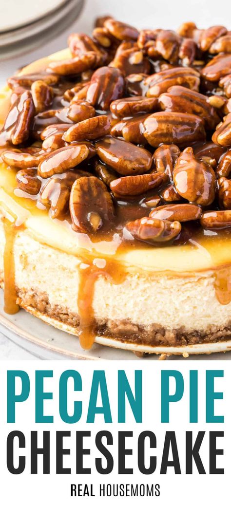 Thanksgiving Desserts Cheesecake, Caramel Pecan Topping, Pecan Cheesecake Recipes, Pecan Pie Cheesecake Recipe, Thanksgiving Cheesecake, Caramel Pecan Cheesecake, Dessert Thanksgiving, Pecan Topping, Pecan Pie Cheesecake