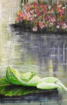 Funny frog laid relaxed in the pond and taking sun bathes with red flowers. Artwork artprint Frogartwork frogwallart frogartprints frogart Acrylic painting mixed techniques (impressionist contemporary modern art) Fine Art Painting Women, Fine Art America Painting, Pond Oil Painting, Frog On Lily Pad, Frog Pond, Pond Painting, Modern Wall Art Prints, Fancy Art, Affordable Art Prints