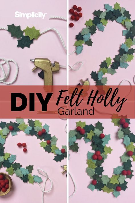 Holly Garland Diy, Felt Holly Leaves, Diy Christmas Pins To Wear, Felt Holly Garland, Felt Garland Ideas, Felt Holly, Felt Christmas Garland Diy, Diy Felt Christmas Garland, Felt Christmas Garland