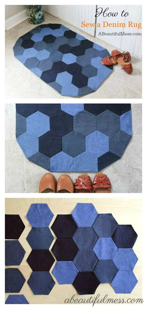 Learn how to make a denim rug with this free sewing pattern. It's a great way to recycle old jeans and add a touch of farmhouse style to your #Sewing_Projects_Old_Clothes #Denim_Crafts_Upcycling #Rug_Sewing #Sewing_Denim Sewing With Old Jeans, Denim Quilt Ideas Free Pattern, Denim Quilts Old Jeans Diy, Denim Crafts Upcycling, Rug Sewing Pattern, Denim Coasters, Recycling Old Clothes, Rug Sewing, Diy Old Clothes