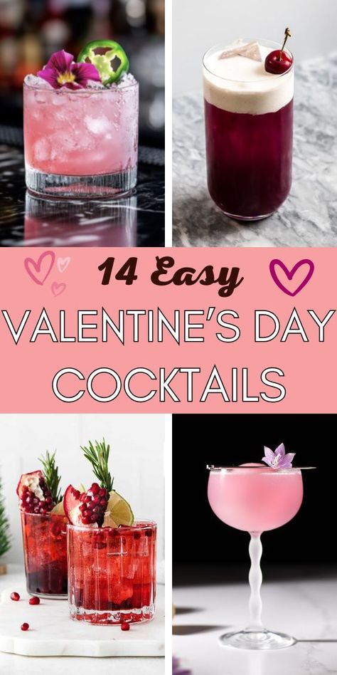 14 Easy Valentine’s Day Cocktail Recipes and four photos of different red and pink valentines day cocktails Love Cocktails Drink Recipes, Galentines Cocktails Ideas, Galentine Party Cocktail, Valentines Day Cocktail Recipes, Pink Galentines Cocktails, Cocktails For Valentine's Day, Easy Valentines Cocktail Recipes, Valentines Day Champagne Cocktails, Valentines Theme Cocktails