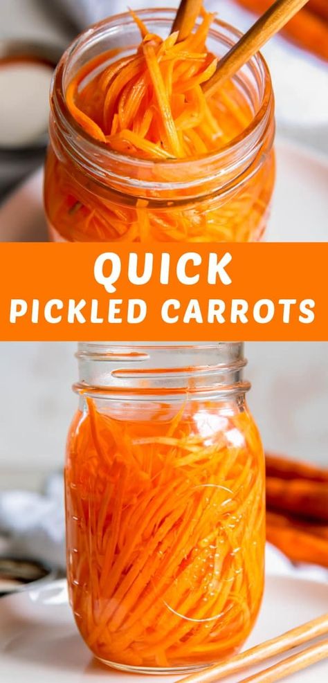 This Quick Pickled Carrots recipe comes together with a few simple ingredients and only 5 minutes of hands-on prep. No canning or water bath needed! Serve them over salads, sandwiches, tacos and more! Pickles Carrots Recipe, Easy Pickled Carrots Recipe, Pickle Carrots, Quick Pickled Carrots, Pickled Items, Pickled Carrots Recipe, Carrot Chips, Carrots Recipe, Quick Pickled