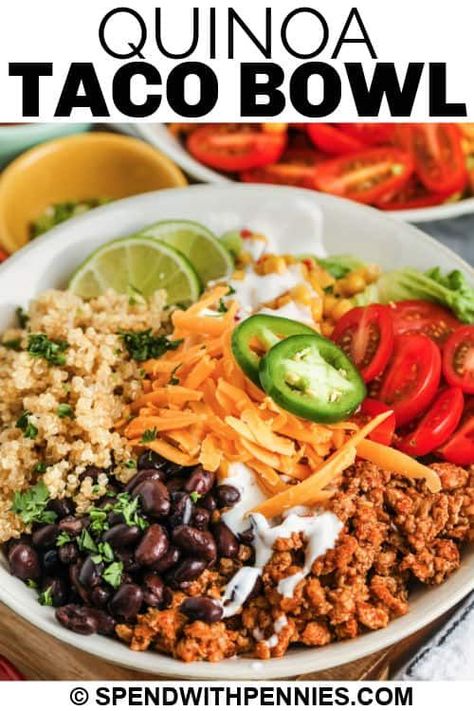 Chicken or turkey and veggies plus loads of fresh vegetables make this quinoa bowl a healthy lunch. Easy to make and customizable it's perfect for one or for a crowd. #spendwithpennies #tacoquinoabowl #quinoabowlrecipe #recipe #entree #lunch #chicken #turkey #mexican #corn #easy #best Lunch With Chicken, Taco Quinoa, Chicken Beans, Protein Bowl, Lunch Chicken, Healthy Bowls Recipes, Seasoned Veggies, Grain Bowls, Mexican Corn