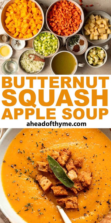 Butternut Squash Apple Soup Vegan Butternut Squash Soup Recipes, Squash Apple Soup, Butternut Squash Apple Soup, Easy Vegan Soup, Vegan Butternut Squash Soup, Easy Soup Recipe, Butternut Squash Apple, Vegan Butternut Squash, Curried Butternut Squash Soup