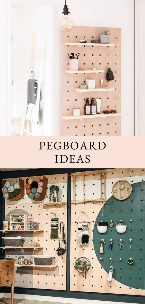 Discover 26 creative pegboard ideas to organize and transform your space like never before! #pegboardideas #pegboard #homedecor #organizationalideas Peg Board Behind Desk, Workshop Pegboard Ideas, Peloton Pegboard, Giant Peg Board Wall, Peg Board Shelving, Peg Board Office Organization, Peg Board Craft Storage, Pegboard Painting Ideas, Peg Board Desk Organization