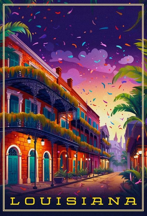 New Orleans Travel Poster, New Orleans Mardi Gras Pictures, Mardi Gras Poster Design, Mardi Gras Aesthetic Wallpaper, New Orleans Artwork, Louisiana Background, Nova Orleans Aesthetic, French Quarter Aesthetic, Beta Cooler