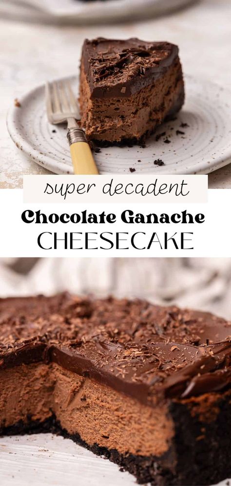 This chocolate ganache cheesecake is the ultimate cheesecake for chocolate lovers. It has a rich and decadent chocolate cheesecake filling on top of a buttery Oreo cookie crust with a thick layer of dark chocolate ganache. This is the most chocolatey cheesecake you'll ever make! Layered Chocolate Cheesecake, Chocolate Ganache Desserts, Cheesecake Recipes Chocolate, Dark Chocolate Cheesecake Recipes, Ganache Cheesecake, Chocolate Ganache Cheesecake, Ultimate Cheesecake, Dark Chocolate Cheesecake, Chocolate Strawberry Cheesecake