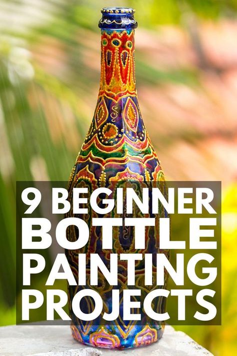 Diy Painted Jars Glass Bottles, Crafts For Wine Bottles, Wine Bottle Glass Painting, Upcycling, Patchwork, Painting Bottles And Jars, Craft Bottle Ideas Creative, Diy Bottle Decoration, Diy Painted Bottles Ideas