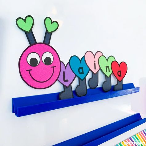 Love Bug Name Craft, Bug Name Craft, Bug Craft, Kindergarten Names, Caterpillar Craft, Preschool Play, Name Crafts, Bug Crafts, Valentine's Day Crafts For Kids