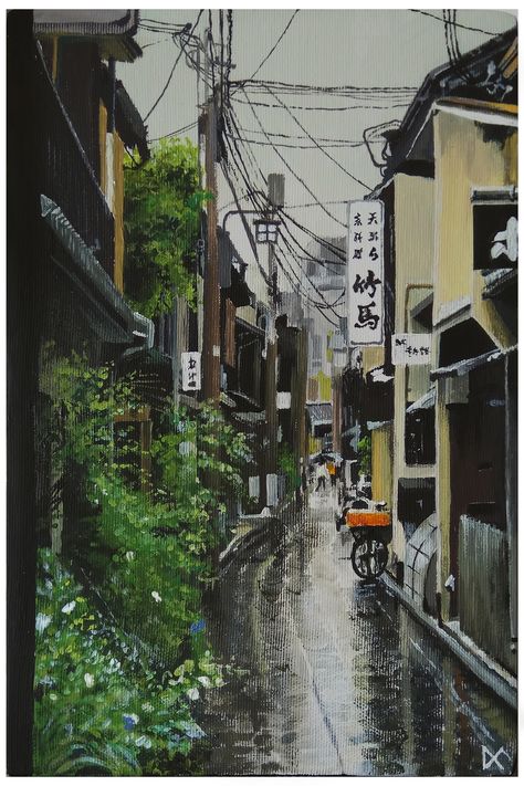 Japanese Street Drawing Simple, Japan Street Painting, Japanese Street Drawing, Japan Painting Acrylic, Draw Learning, City Scape Painting, Minecraft Town, Town Drawing, Japan Watercolor