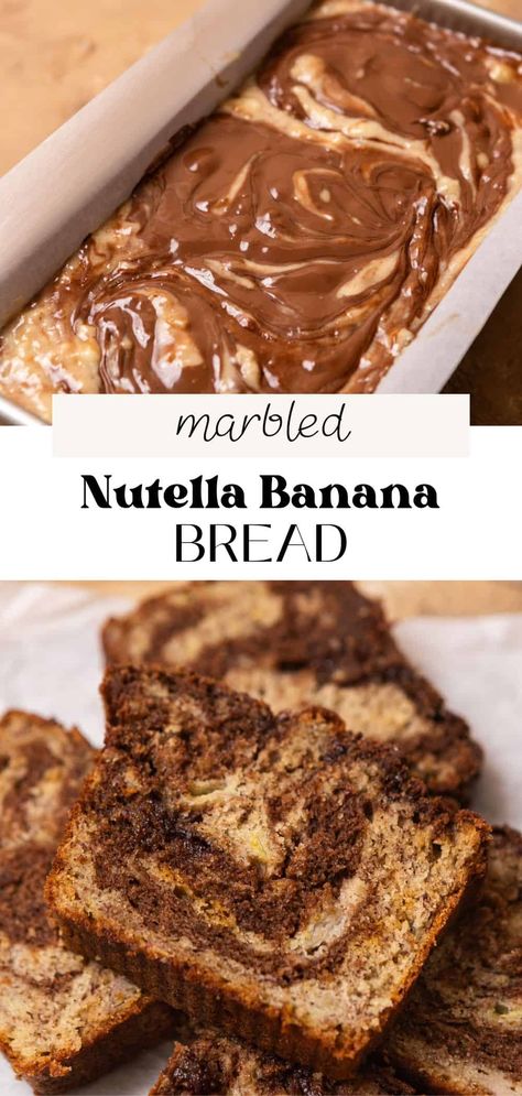 This Nutella banana bread is soft and moist, featuring a marbled swirl of classic and Nutella banana bread batters. There are ribbons of chocolate hazelnut spread swirled on top and throughout the loaf. This recipe uses an entire cup of Nutella, so each bite is packed with rich, nutty flavor! Banana Nutella Bread Recipe, Nutella Banana Bread Recipe, Nutella Recipes Breakfast, Banana Nutella Bread, Nutella Icing, Nutella And Banana, Nutella Banana Bread, Nutella Bread, Recipes Using Bananas