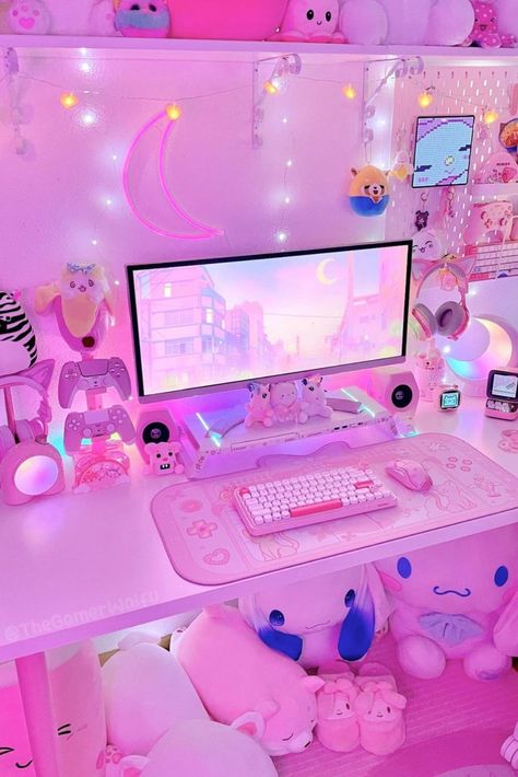 Inspiration for a beautiful pink setup collections Rio Characters, Razer Kraken Kitty, Kitty Headphones, Cat Ear Headset, Gaming Girl, Games Room Inspiration, Kawaii Room Ideas, Gaming Bedroom, Gamer Bedroom